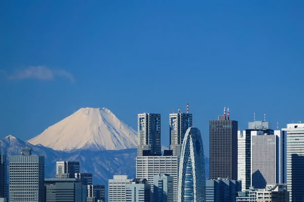 Фото горы Фудзи на фоне небоскрёбов Синдзюку